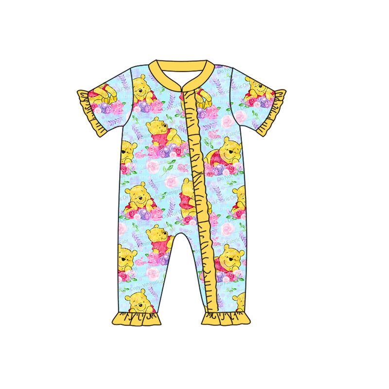 preorder SR1782 cartoon cute bear flowers yellow ruffles short sleeve girls romper