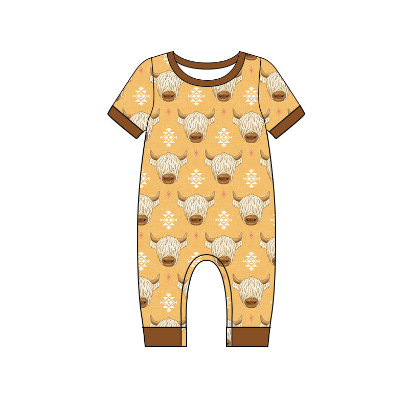 preorder SR1802 Western Aztec highland cow yellow short sleeve boys romper