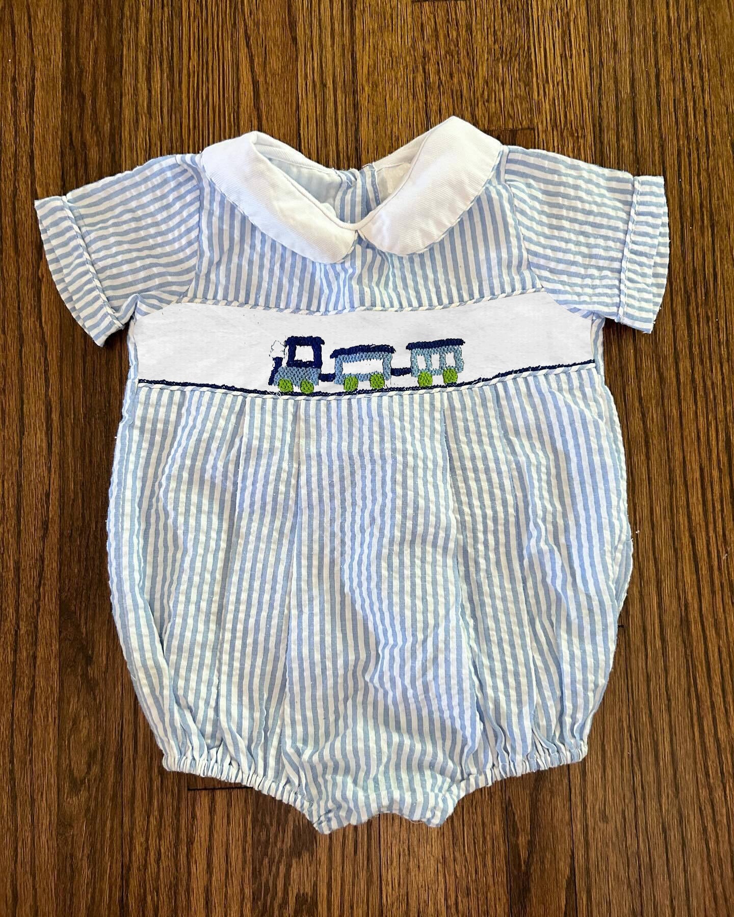 preorder SR1819 tractor train blue striped short sleeve girls romper