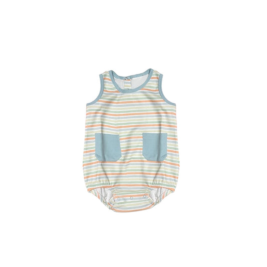 preorder SR1820 rainbow colorful striped blue pockets sleeveless boys romper