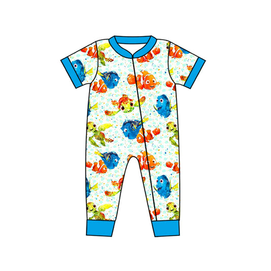 preorder SR1828 cartoon fish tortoise blue short sleeve zipper boys romper