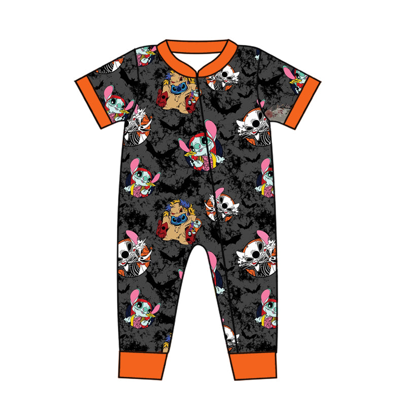 preorder SR1832 Halloween skull cartoon animals short sleeve zipper boys romper