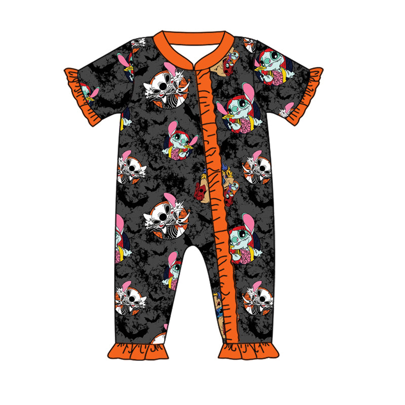 preorder SR1833 Halloween skull cartoon animals short sleeve zipper girls romper