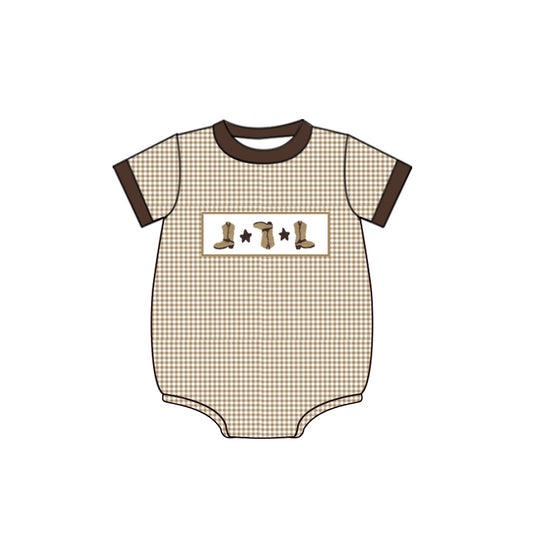 preorder SR1850 Western boot star brown checkered short sleeve boys romper