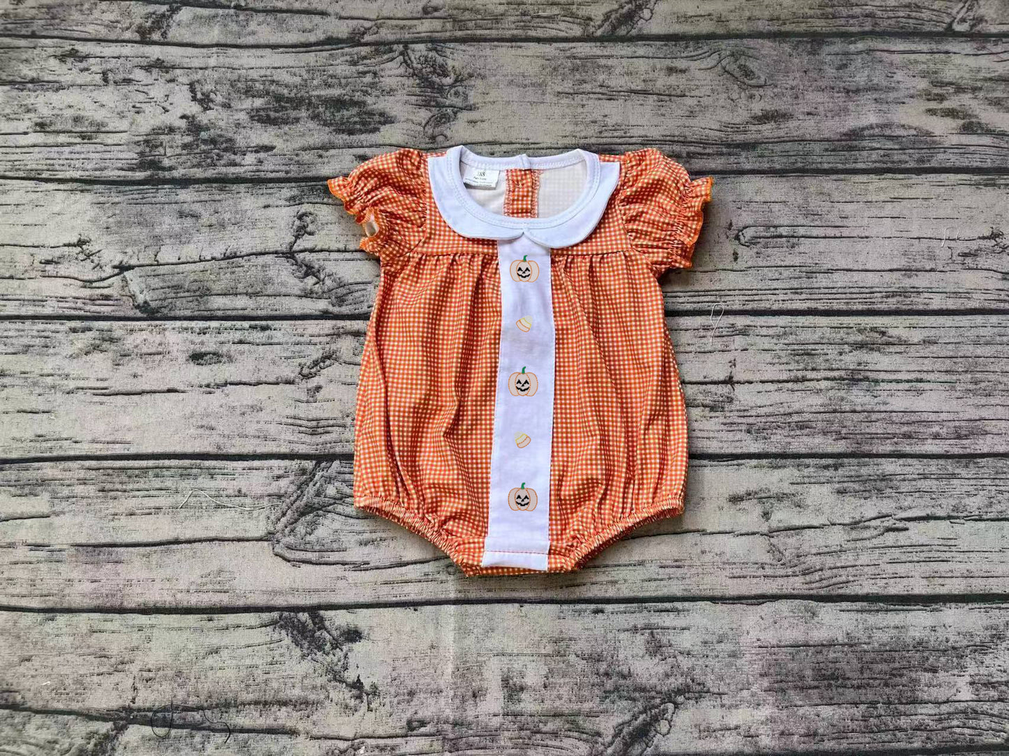 preorder SR1879 embroidery Halloween pumpkin orange checkered short sleeve girls romper