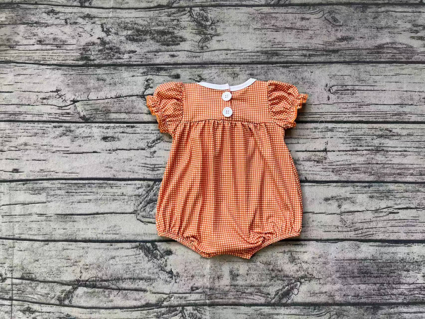 preorder SR1879 embroidery Halloween pumpkin orange checkered short sleeve girls romper