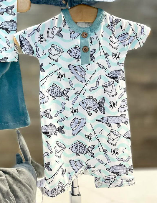 preorder SR1888 fishing hat blue short sleeve boys romper