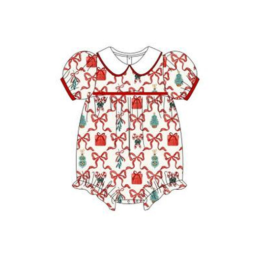 preorder SR1910 Christmas bow cane candy red short sleeve girls romper