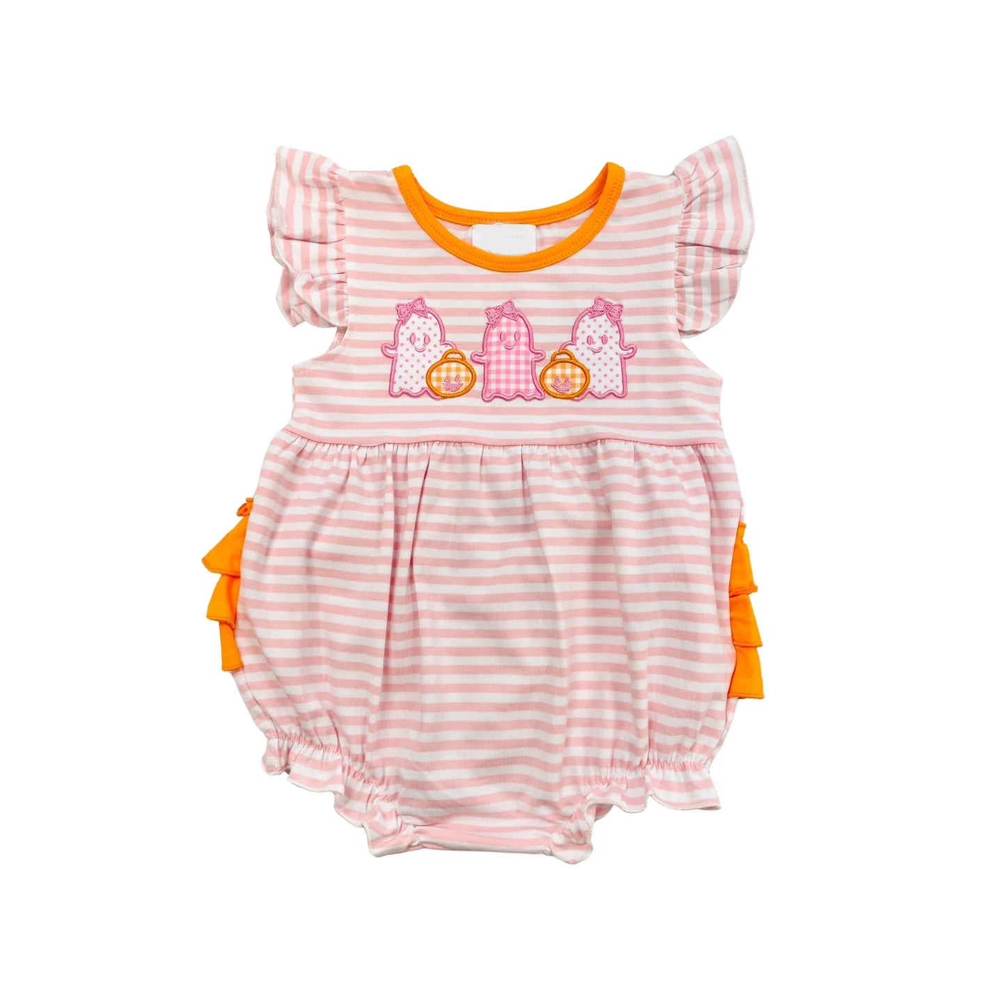 preorder SR1928 Halloween spooky pumpkin pink striped flutter sleeve girls romper