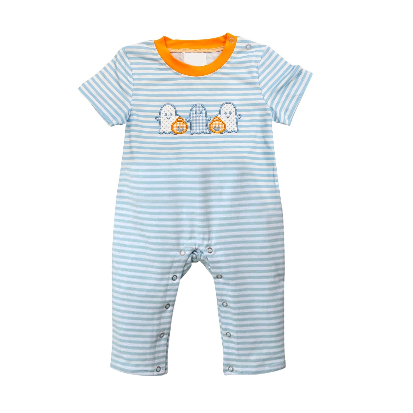 preorder SR1929 Halloween spooky pumpkin blue striped short sleeve boys romper