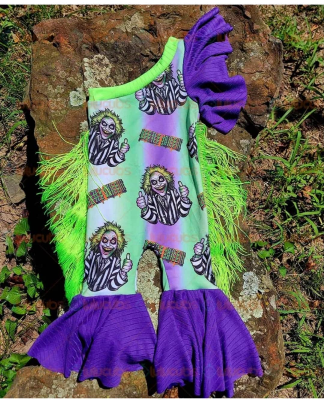 preorder SR1944 Halloween green tassels purple girls romper