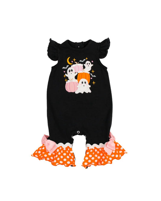 preorder SR1951 Halloween spooky pumpkin black flutter sleeve girls romper