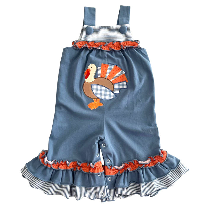 preorder SR1952 Thanksgiving turkey blue sleeveless girls romper