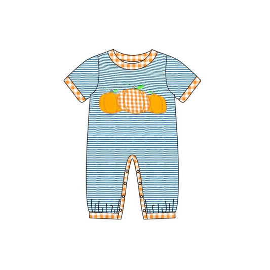preorder SR1960 Autumn pumpkin blue striped short sleeve boys romper
