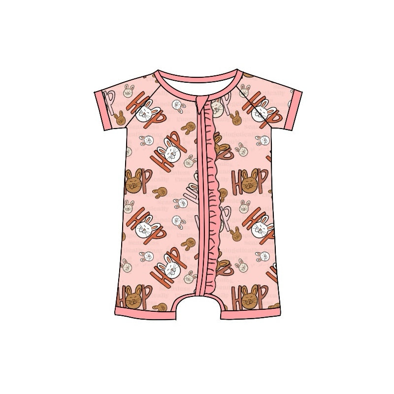 preorder SR2015 cute bunny hop rabbit pink zipper short sleeve girls romper