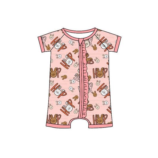 preorder SR2015 cute bunny hop rabbit pink zipper short sleeve girls romper