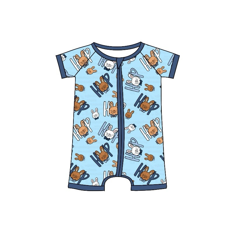 preorder SR2016 cute bunny hop rabbit blue zipper short sleeve boys romper