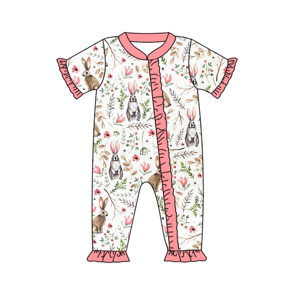 preorder SR2017 cute bunny rabbit flowers pink short sleeve zipper girls romper