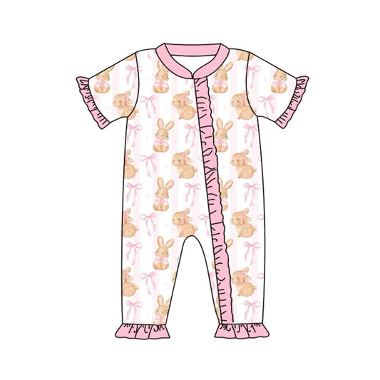 preorder SR2021 Easter cute bunny rabbit pink bows zipper short sleeve girls romper