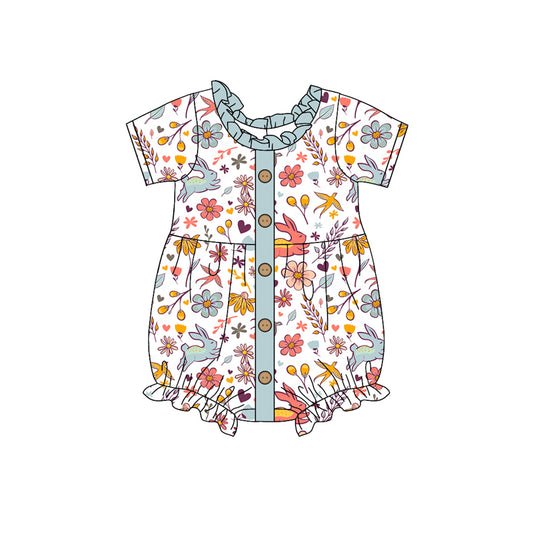 preorder SR2022 Easter cute bunny rabbit colorful flowers blue short sleeve girls romper