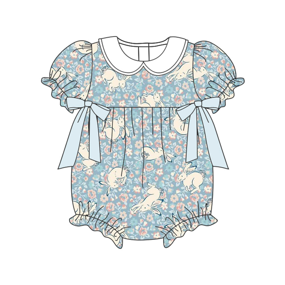 preorder SR2023 cute bunny rabbit blue flowers short sleeve girls romper