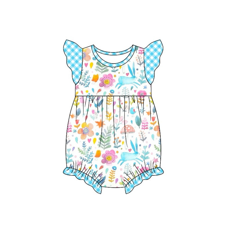 preorder SR2024 Easter cute bunny rabbit colorful flowers blue flutter sleeve girls romper