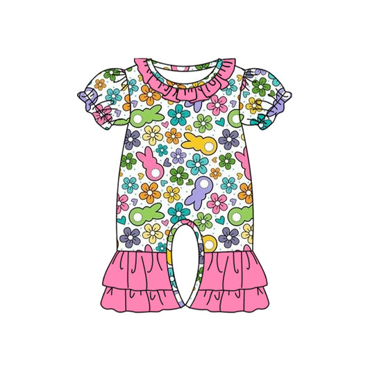 preorder SR2029 Easter colorful bunny rabbit flowers pink short sleeve girls romper