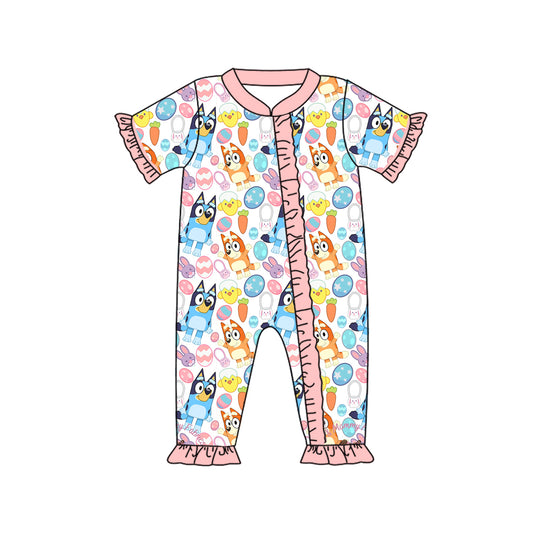 preorder SR2031 Easter cartoon blue dog colorful egg pink short sleeve zipper girls romper