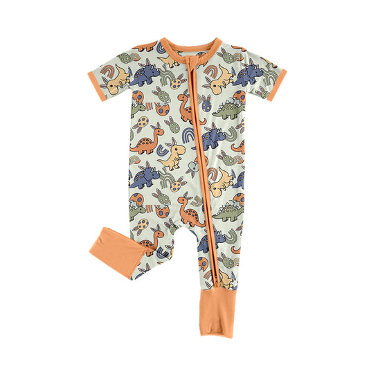 preorder SR2032 Easter cartoon dinosaur orange short sleeve zipper boys romper