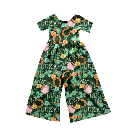 preorder SR2033 St Patrick luck green clover short sleeve girls jumpsuits