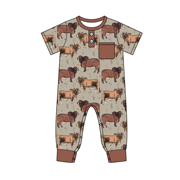 preorder SR2039 Western cow brown pocket short sleeve boys romper