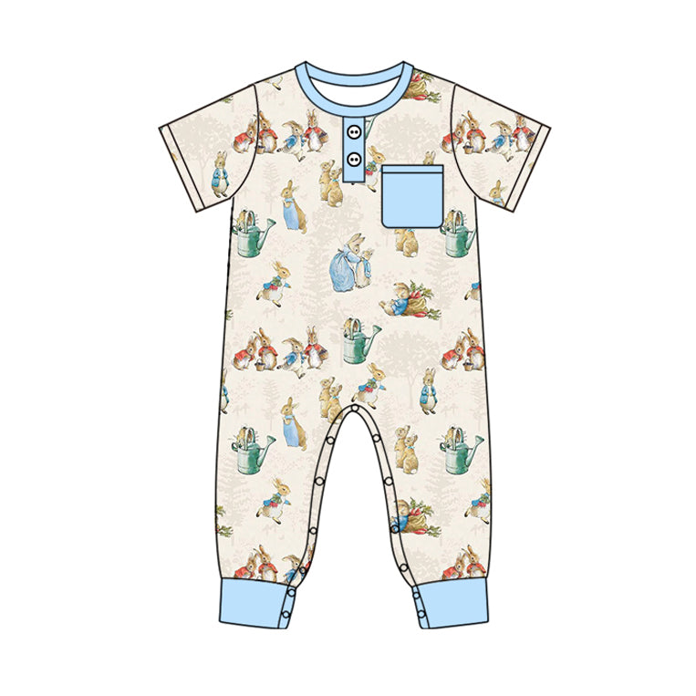 preorder SR2043 Easter cute bunny rabbit blue pocket short sleeve boys romper