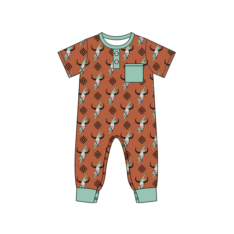 preorder SR2044 Western cow aztec brown pocket short sleeve boys romper