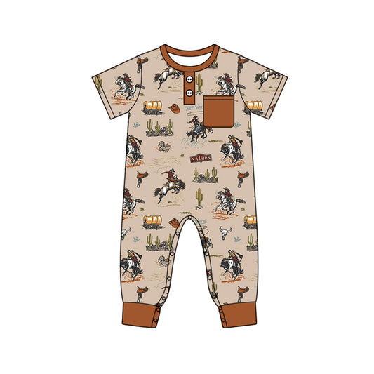 preorder SR2045 Western rodeo brown pocket short sleeve boys romper