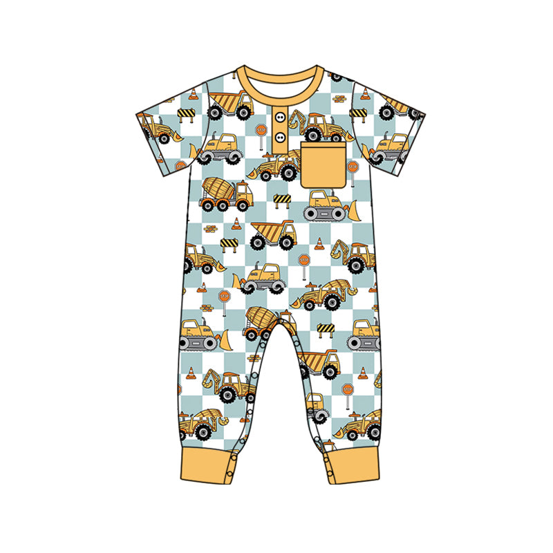 preorder SR2046 construction truck yellow pocket checkered short sleeve boys romper