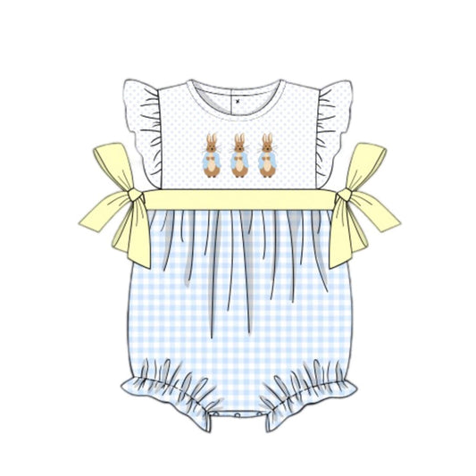 preorder SR2055 Easter cute bunny rabbit blue checkered bows flutter sleeve girls romper