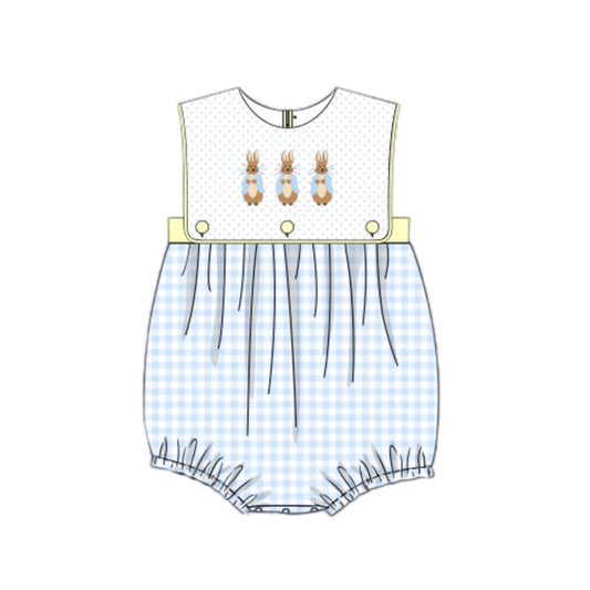 preorder SR2056 Easter cute bunny rabbit blue checkered bows sleeveless boys romper