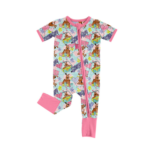 preorder SR2057 Valentine's Day heat DOO cartoon dog flowers zipper short sleeve girls romper