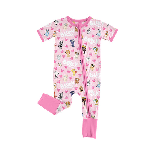 preorder SR2058 Valentine's Day heart blue dog pink short sleeve zipper girls romper