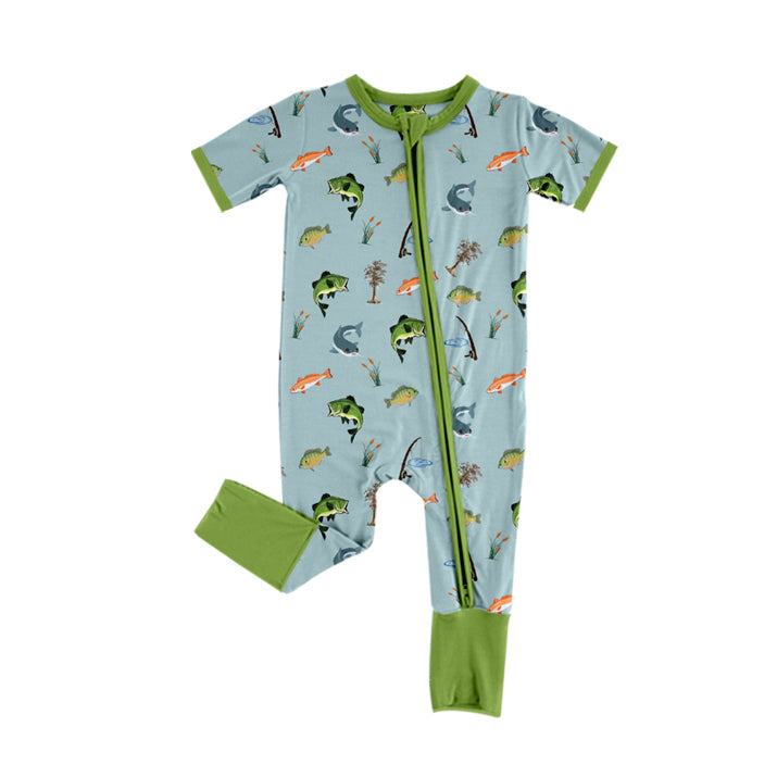 preorder SR2064 hunting season fishing green short sleeve zipper boys romper