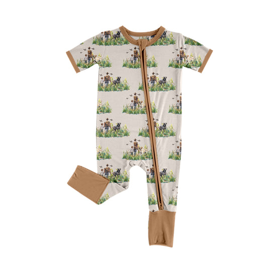 preorder SR2065 hunting season dog daddy and me brown short sleeve zipper boys romper