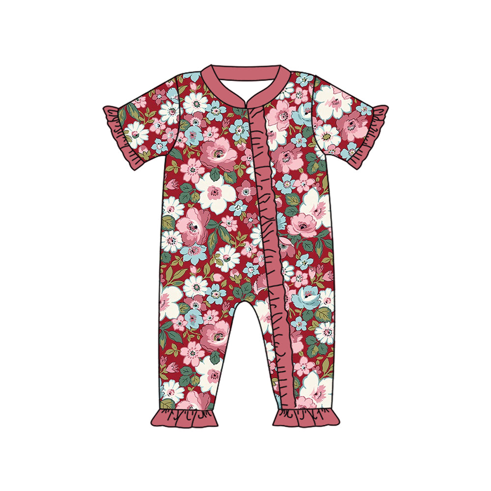 preorder SR2067 colorful flowers red short sleeve zipper girls romper
