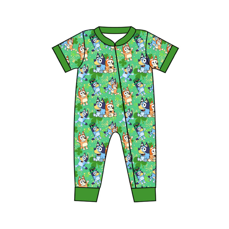 preorder SR2069 St Patrick clover blue dog green short sleeve zipper boys romper