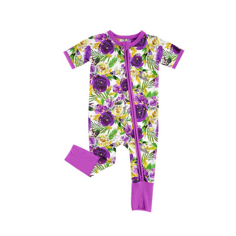 preorder SR2087 yellow purple flowers short sleeve zipper girls  romper