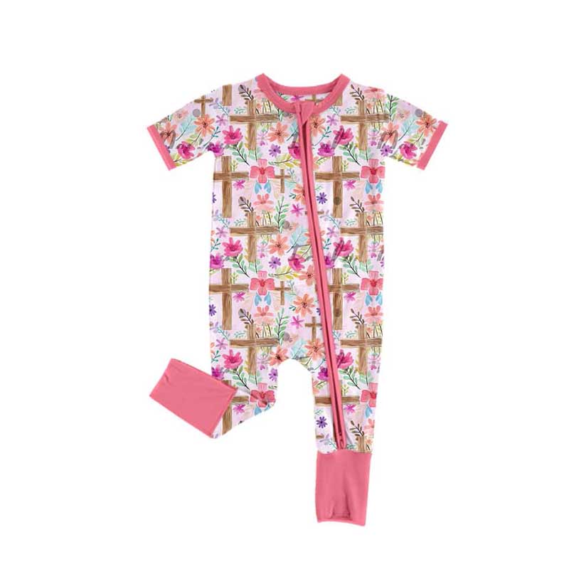 preorder SR2089 Easter colorful flowers cross pink short sleeve zipper girls romper