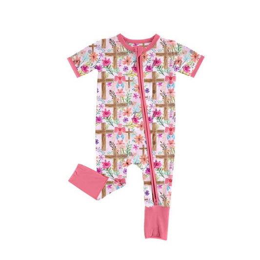 preorder SR2089 Easter colorful flowers cross pink short sleeve zipper girls romper