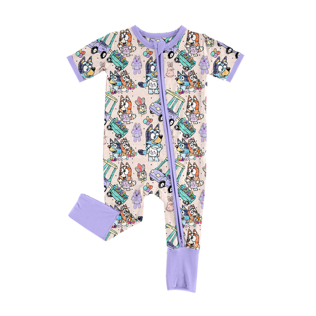 preorder SR2095 Easter cartoon blue dog flowers purple short sleeve zipper girls romper