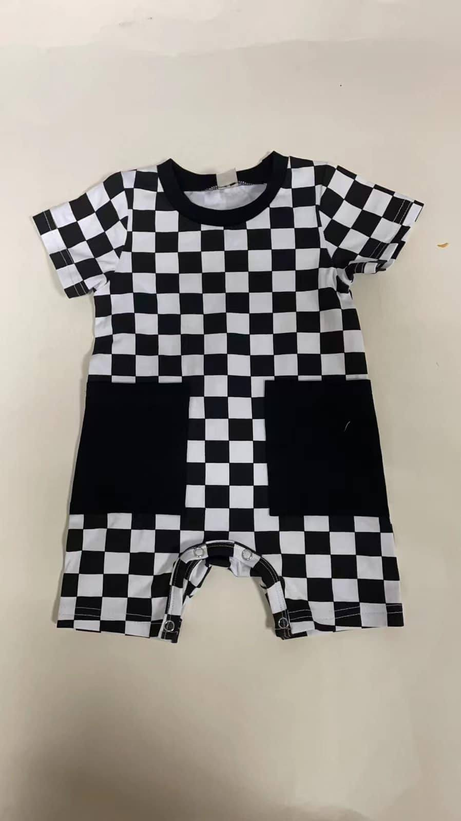 preorder SR2097 black checkered short sleeve boys romper
