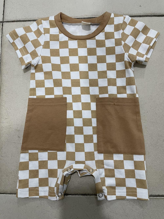 preorder SR2098 khaki checkered short sleeve boys romper