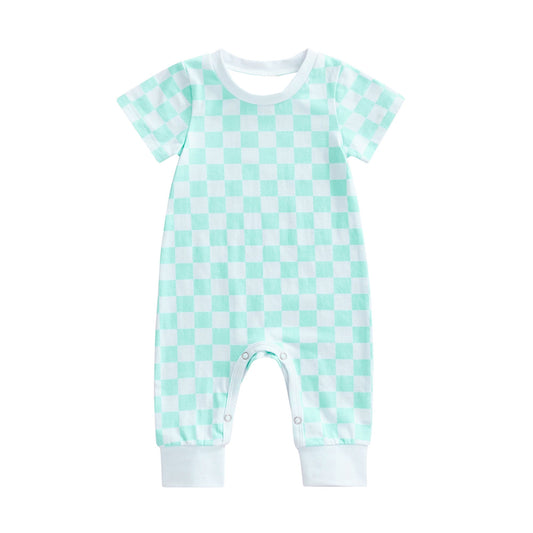 preorder SR2099 aqua checkered short sleeve boys romper